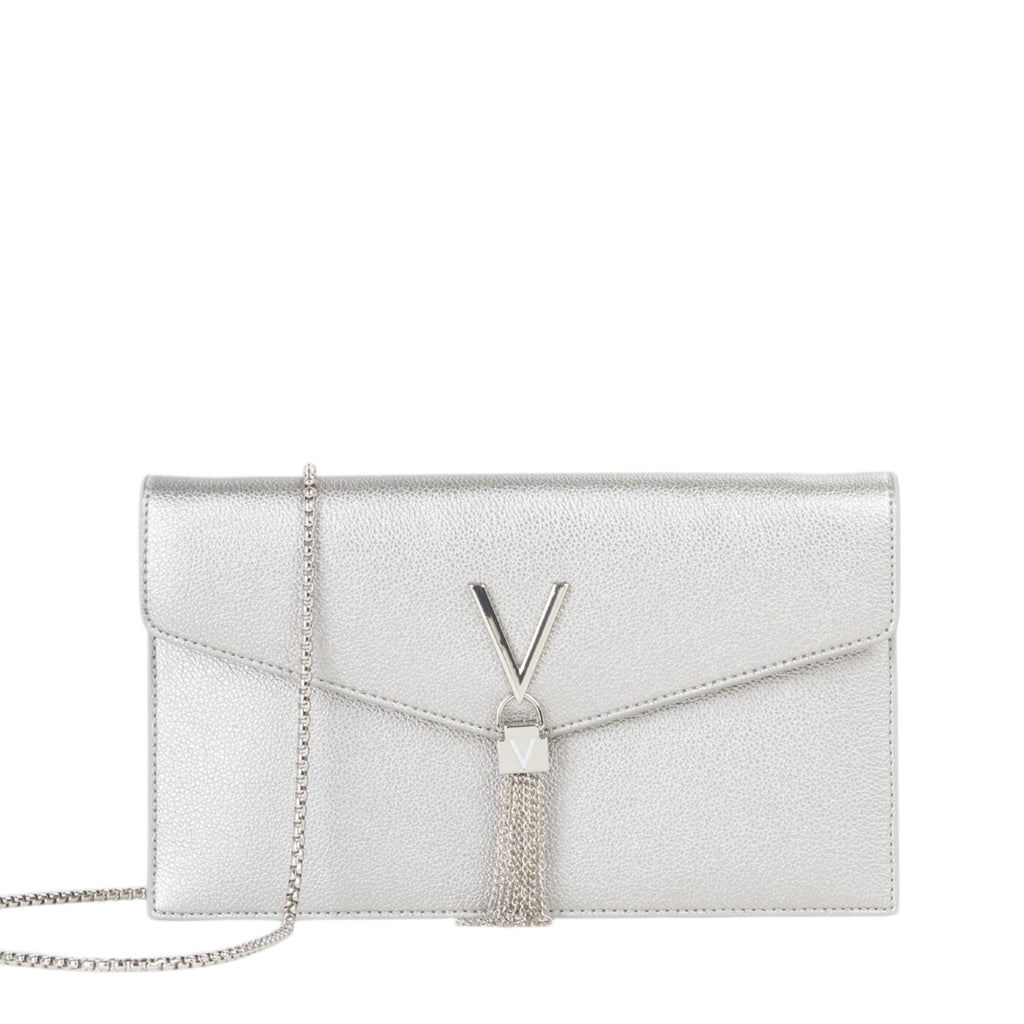 Lieblingstasche silver metallic clutch bag with V logo and tassel detail, chain strap