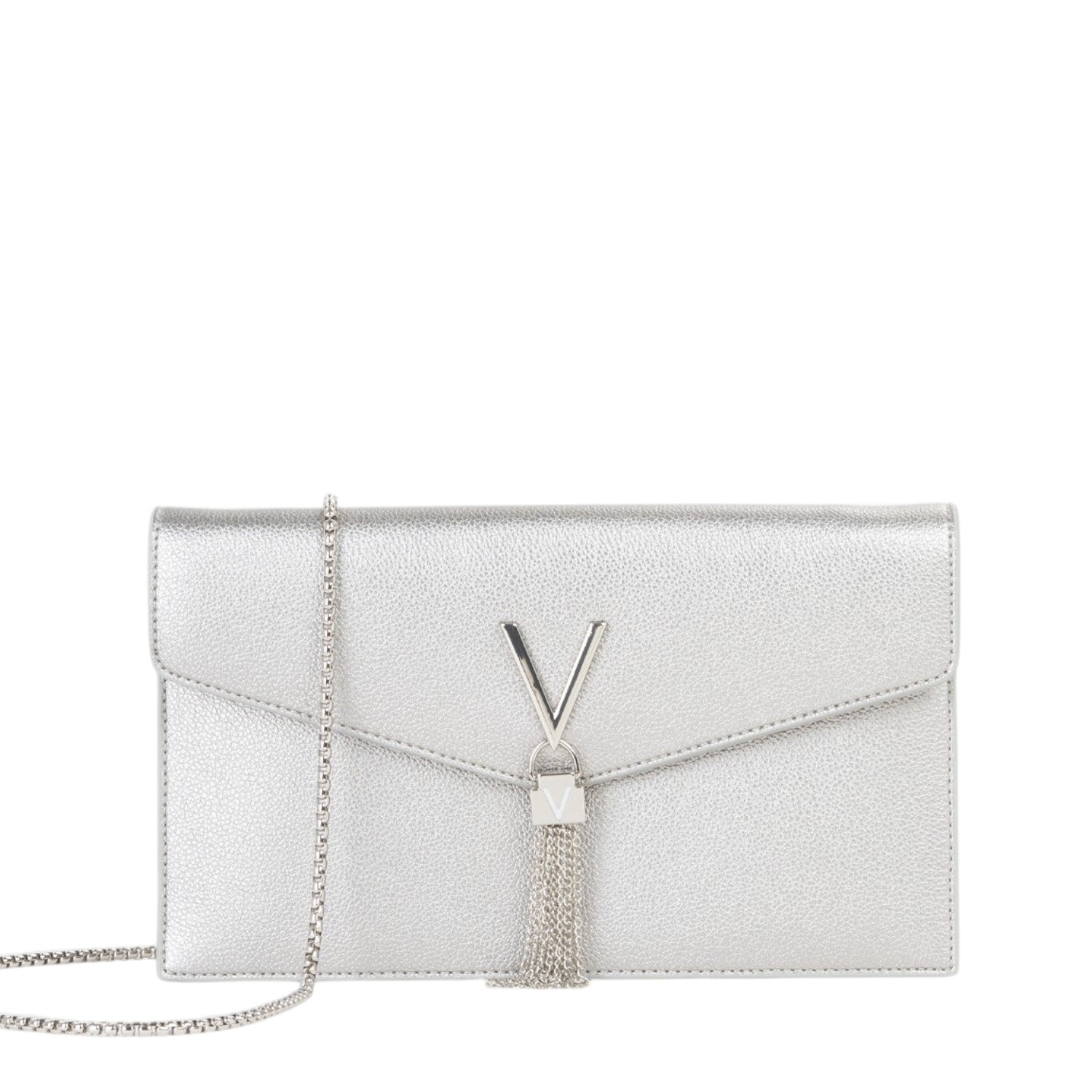 Lieblingstasche silver metallic clutch bag with V logo and tassel detail, chain strap