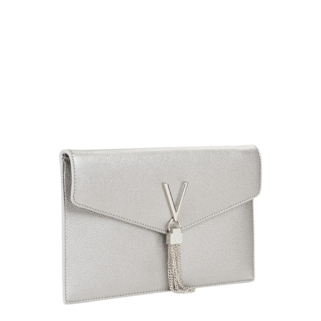 Lieblingstasche silver metallic envelope clutch with V logo and tassel detail