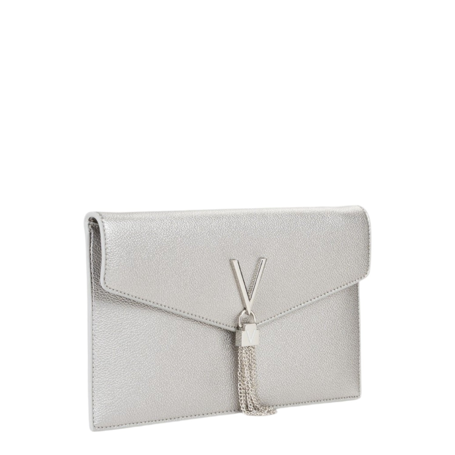 Lieblingstasche silver metallic envelope clutch with V logo and tassel detail