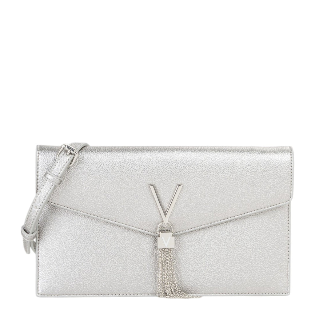 Lieblingstasche silver metallic leather clutch with V logo and tassel detail, adjustable strap.