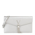 Lieblingstasche silver metallic leather clutch with V logo and tassel detail, adjustable strap.