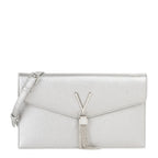 Lieblingstasche silver metallic leather clutch with V logo and tassel detail, adjustable strap.