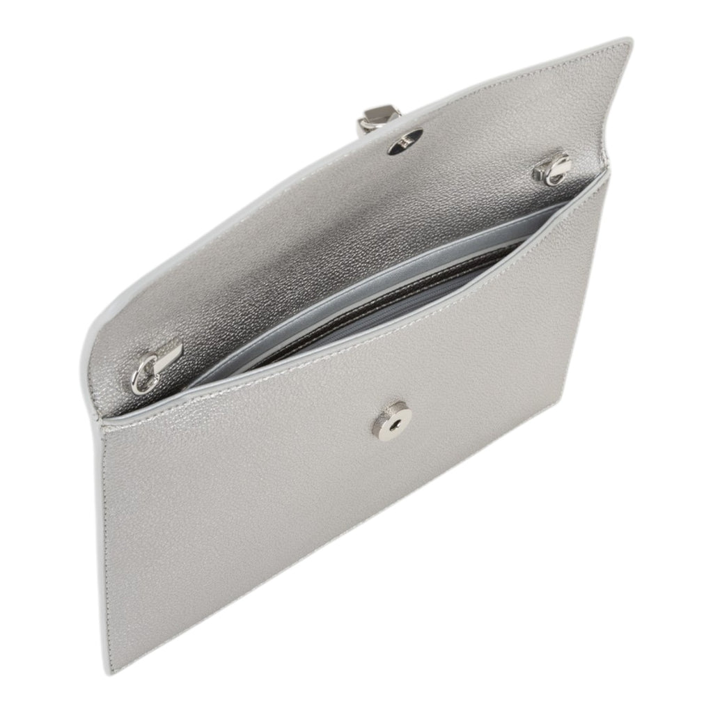 Lieblingstasche silver metallic leather pochette clutch with chain strap and snap closure.