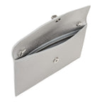 Lieblingstasche silver metallic leather pochette clutch with chain strap and snap closure.