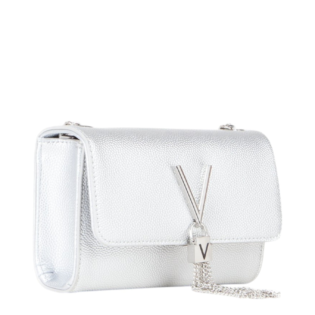 Lieblingstasche silver metallic leather pochette bag with V logo detail and chain tassel.