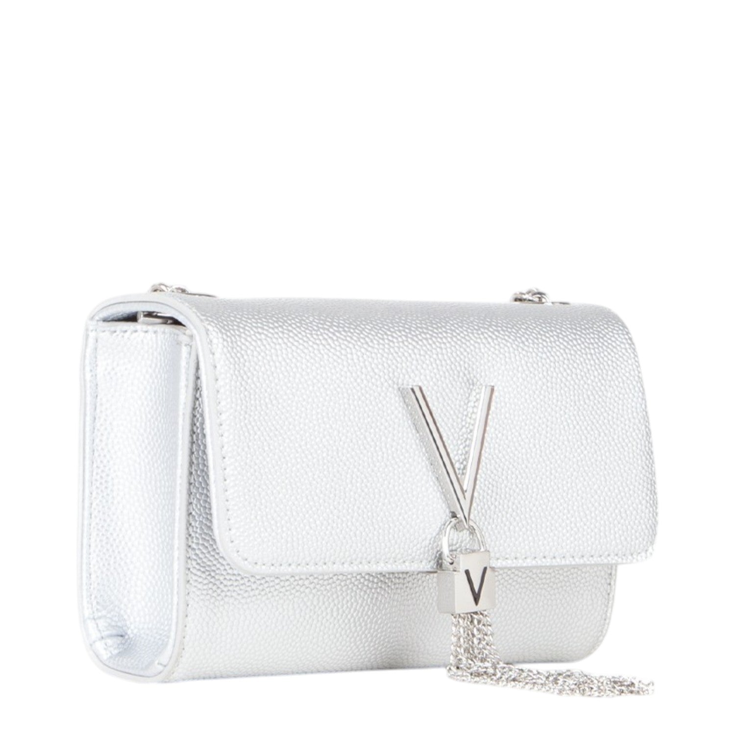 Lieblingstasche silver metallic leather pochette bag with V logo detail and chain tassel.