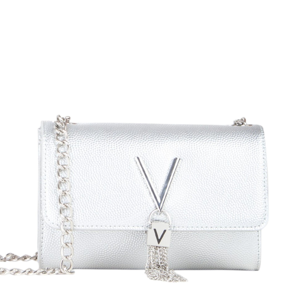 Lieblingstasche silver metallic leather pochette with chain strap and V logo tassel detail.