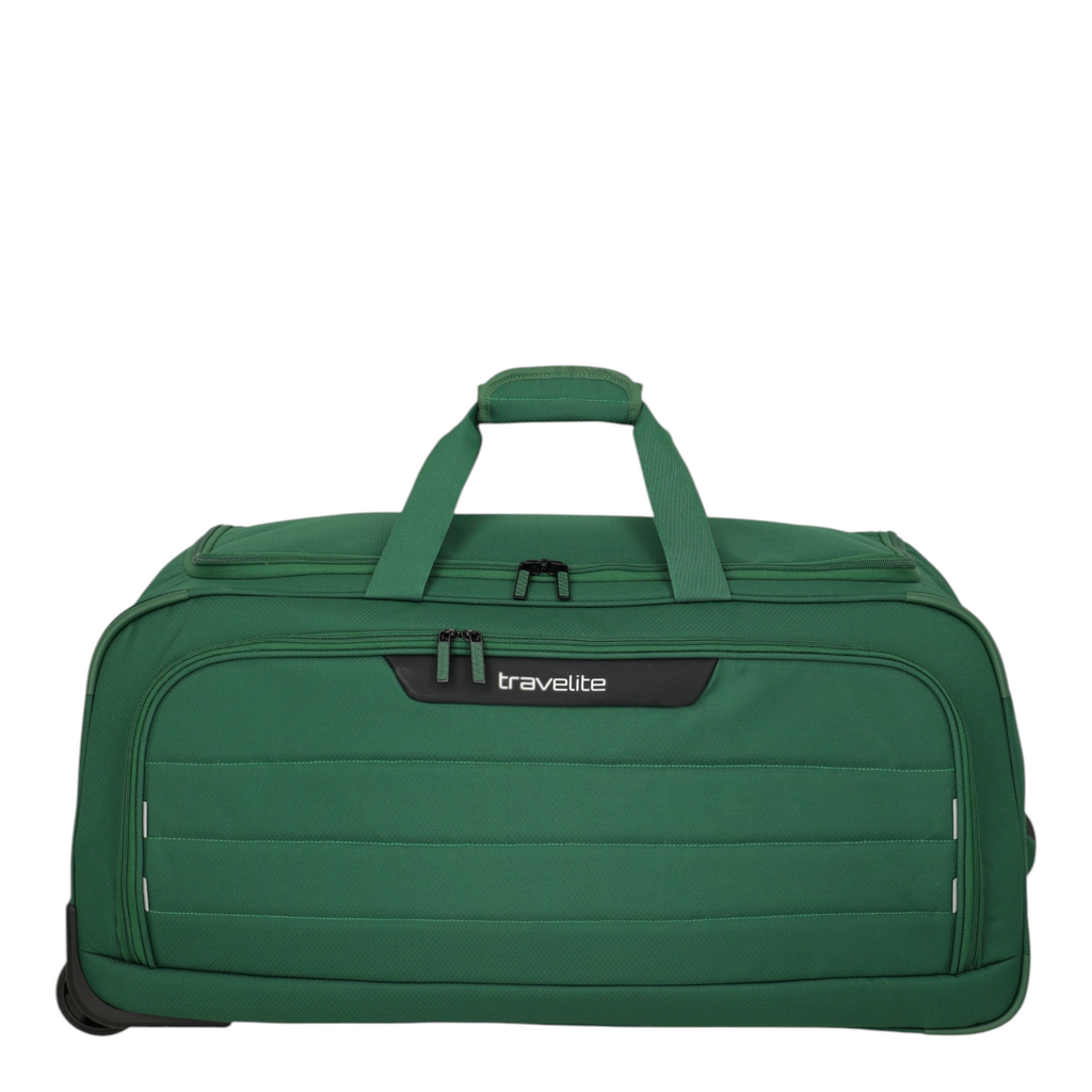 Lieblingstasche Skaii wheeled duffle bag in green with durable fabric, top handles, and front zippered pocket.