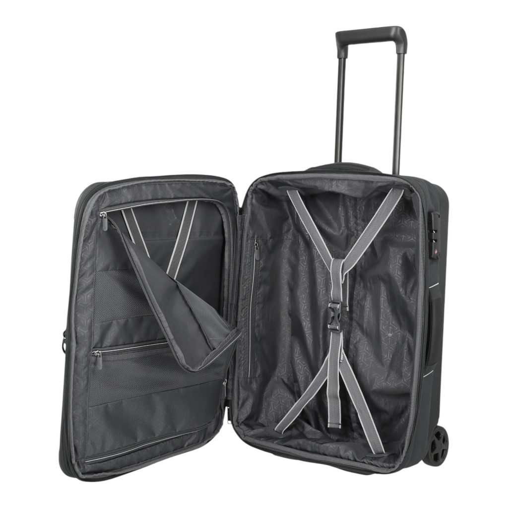 Lieblingstasche Skaii Trolley 2W Hybrid S open with interior compartments, grey lining, and packing straps