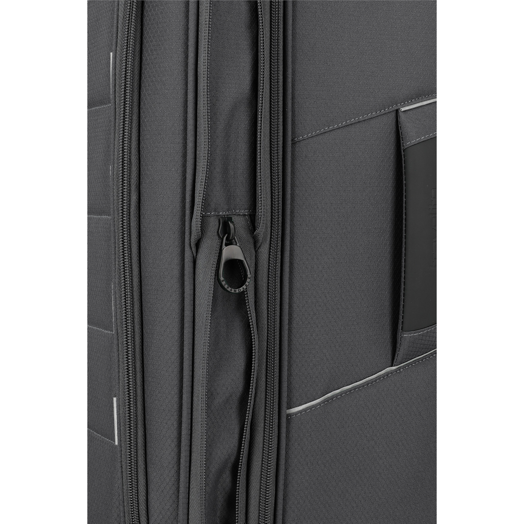 Close-up of the Lieblingstasche Skaii Trolley 4W L exp showing the durable grey fabric and expandable zipper detail.