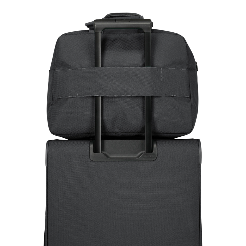 Lieblingstasche Skaii Weekender black travel bag attached to a suitcase handle for easy transport