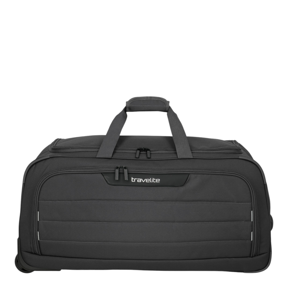 Lieblingstasche Skaii Wheeled Duffle M in black, a durable travel bag with wheels, top handles, and front zip pocket.