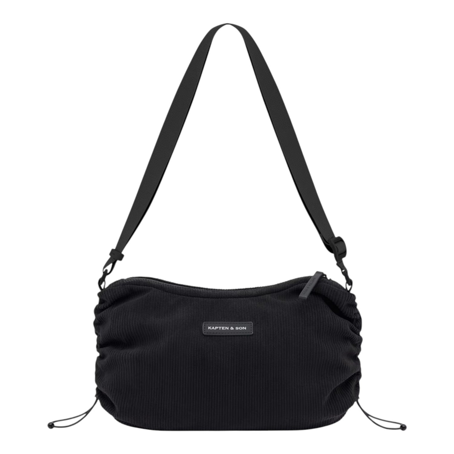 Lieblingstasche Skara Small Limited Edition black corduroy shoulder bag with adjustable strap and drawstring details.