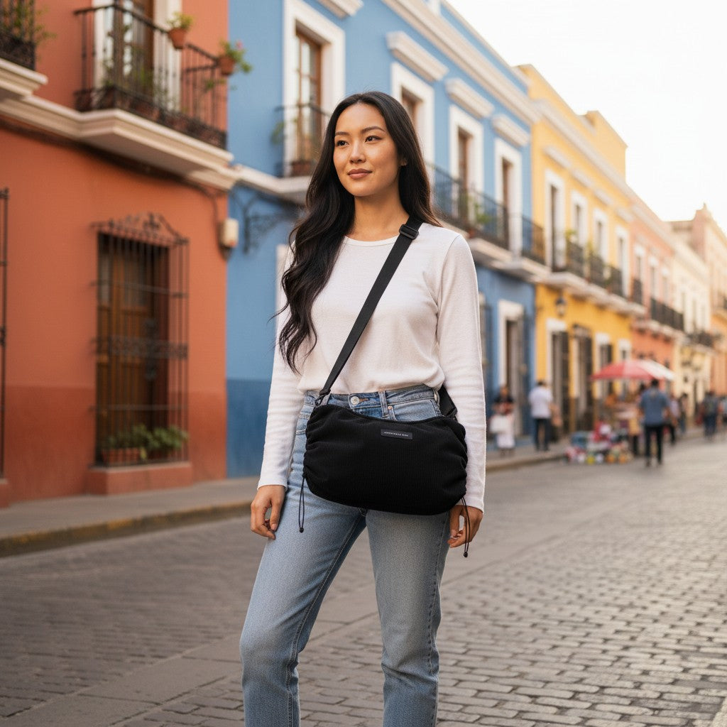 Lieblingstasche Skara Small black corduroy crossbody bag with adjustable strap and drawstring details.