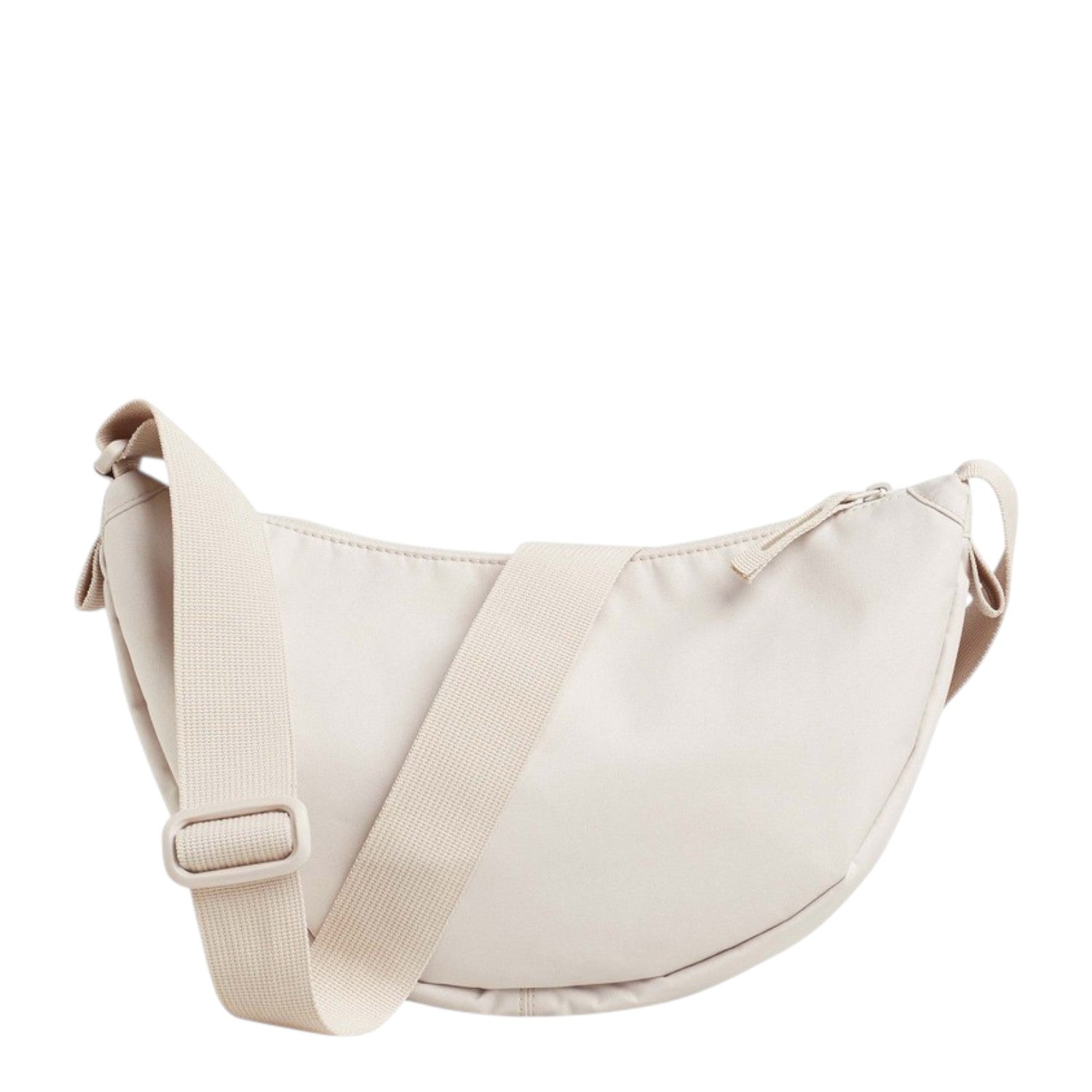 Lieblingstasche small crescent-shaped crossbody bag in light beige nylon with adjustable strap.