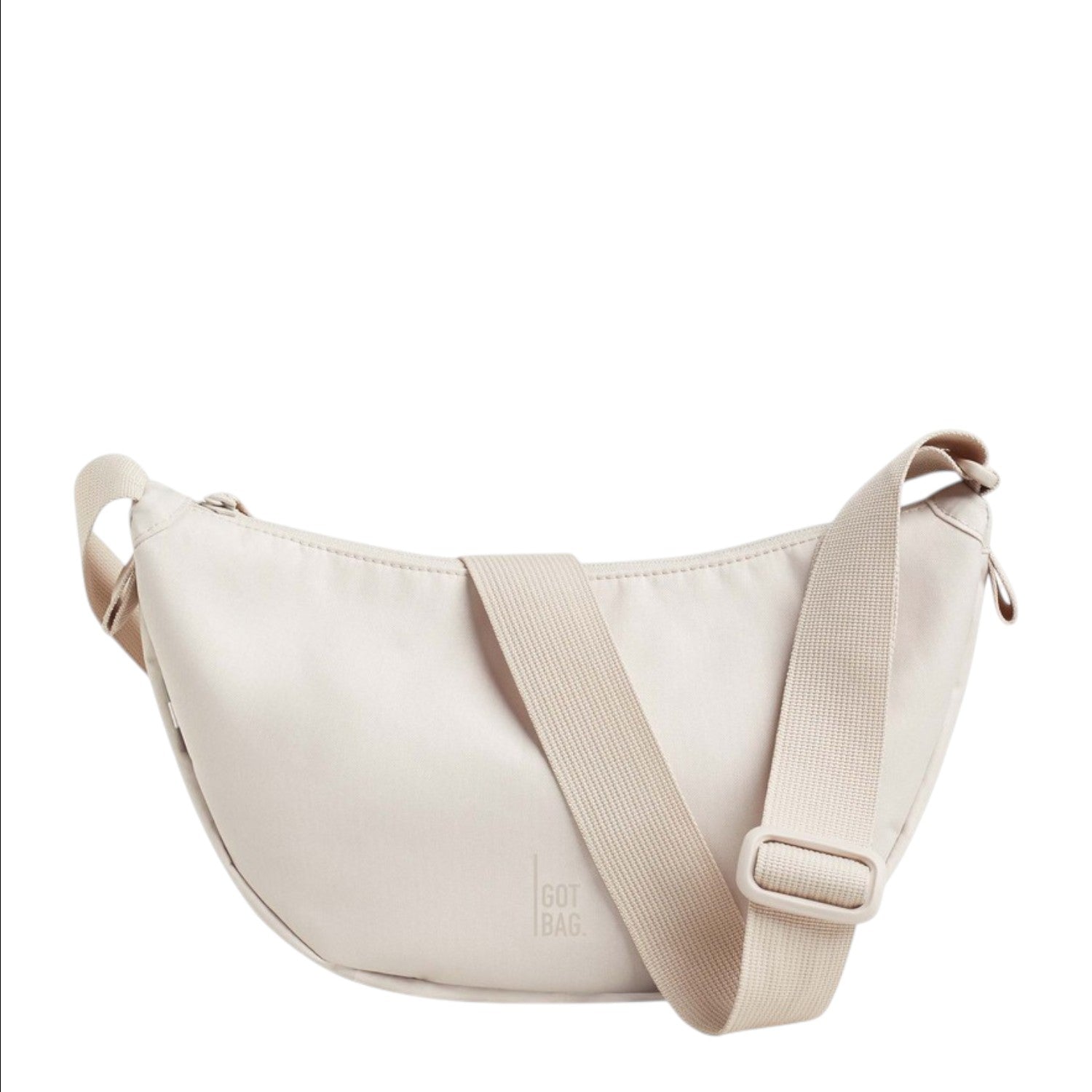 Lieblingstasche small moon bag in light beige nylon with adjustable strap.