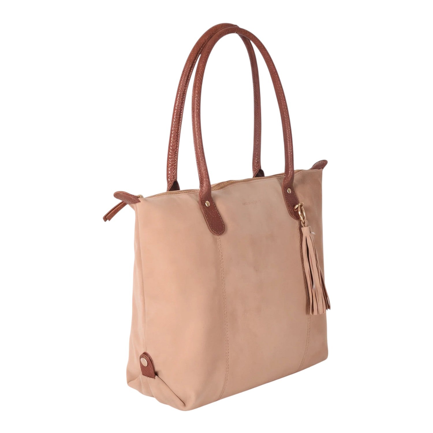Lieblingstasche Sofia L tote bag in light beige suede with brown leather handles and tassel detail.