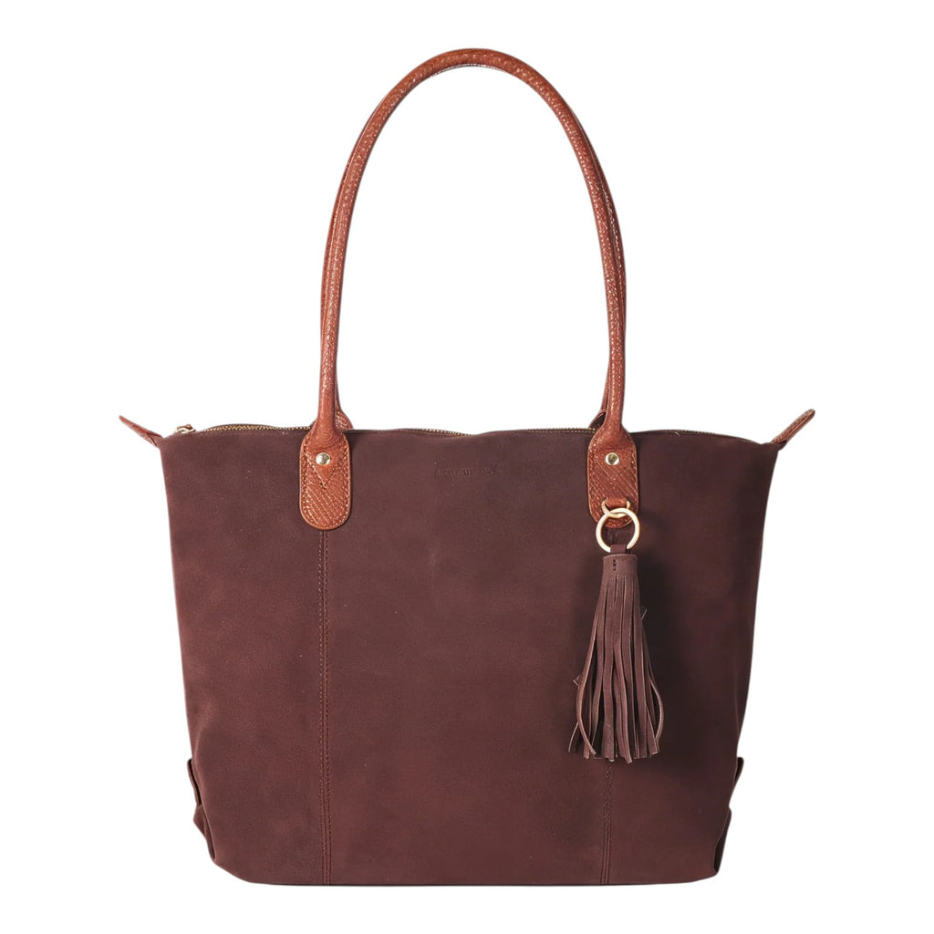 Lieblingstasche Sofia L dark brown suede tote bag with leather handles and tassel detail.