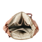 Lieblingstasche Sofia L dusty rose suede tote bag with brown leather handles and multiple interior pockets.