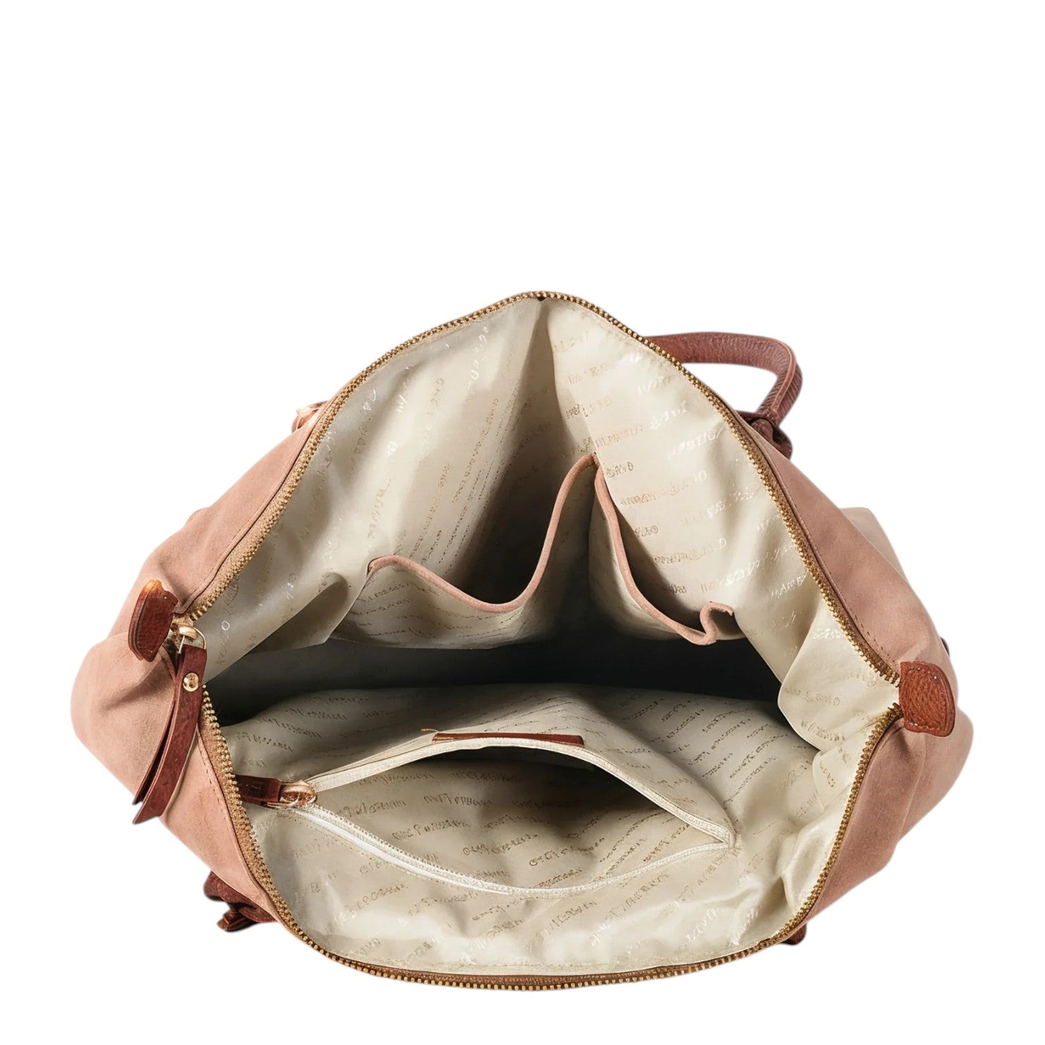 Lieblingstasche Sofia L dusty rose suede tote bag with brown leather handles and multiple interior pockets.