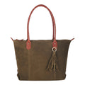 Lieblingstasche Sofia L olive green suede tote bag with red textured leather handles and tassel detail.