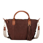 Lieblingstasche Sofia M dark brown suede tote bag with leather handles and tassel detail.