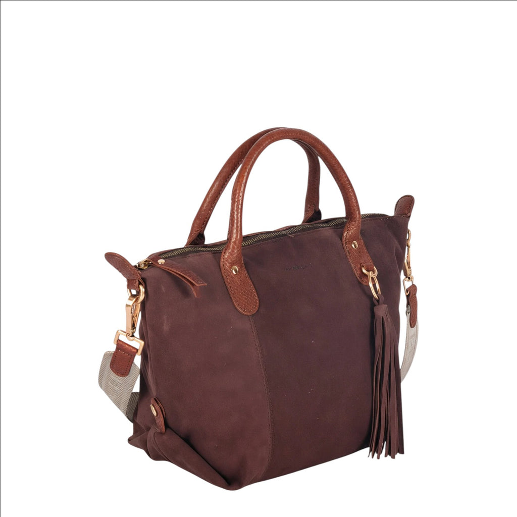 Lieblingstasche Sofia M dark red suede handbag with leather handles and tassel detail.