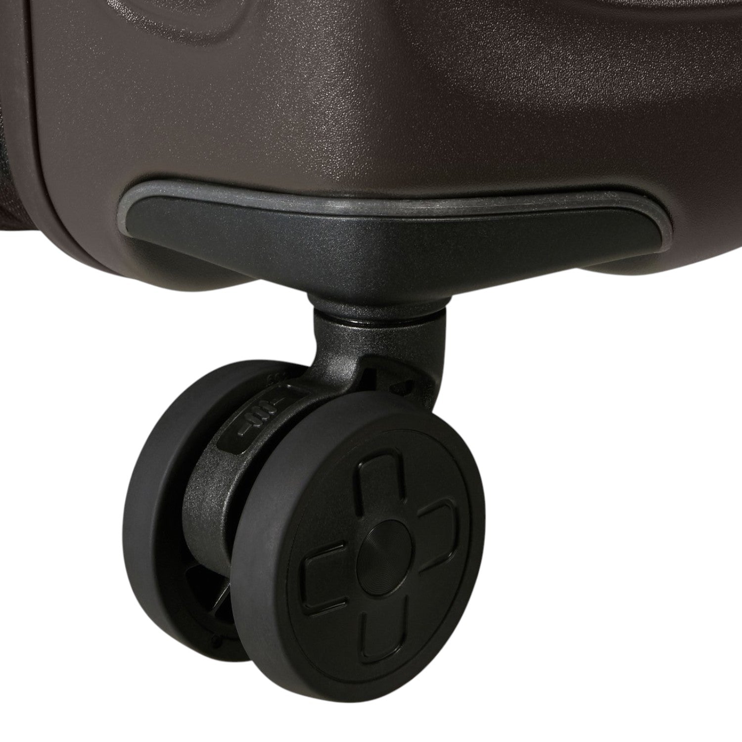 Close-up of a durable black spinner wheel on a Lieblingstasche 2WANDER suitcase against a dark brown shell.