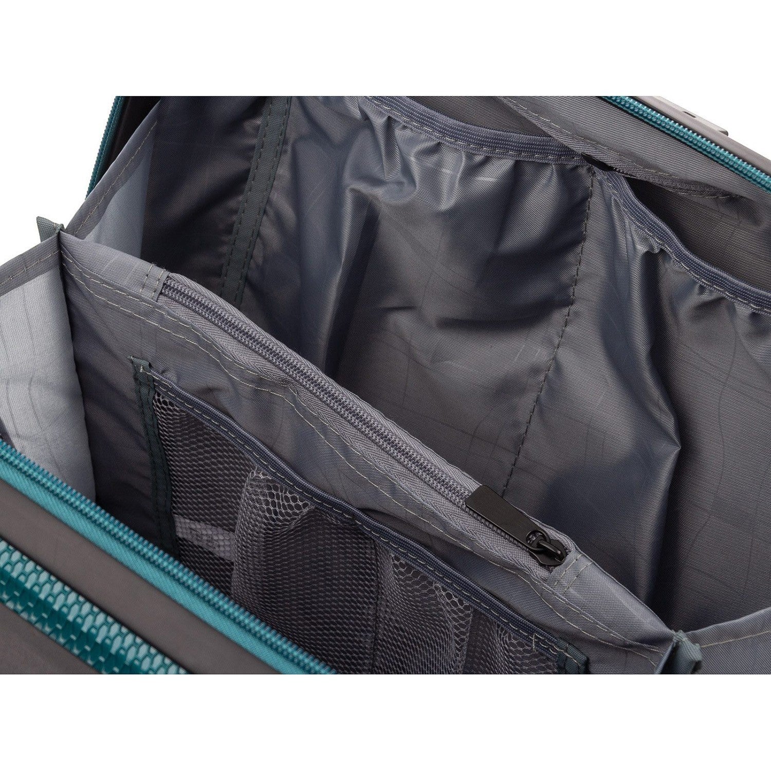 Lieblingstasche Stratosphere Beautycase grey nylon with teal trim, interior view showing zippered compartments and mesh pockets.