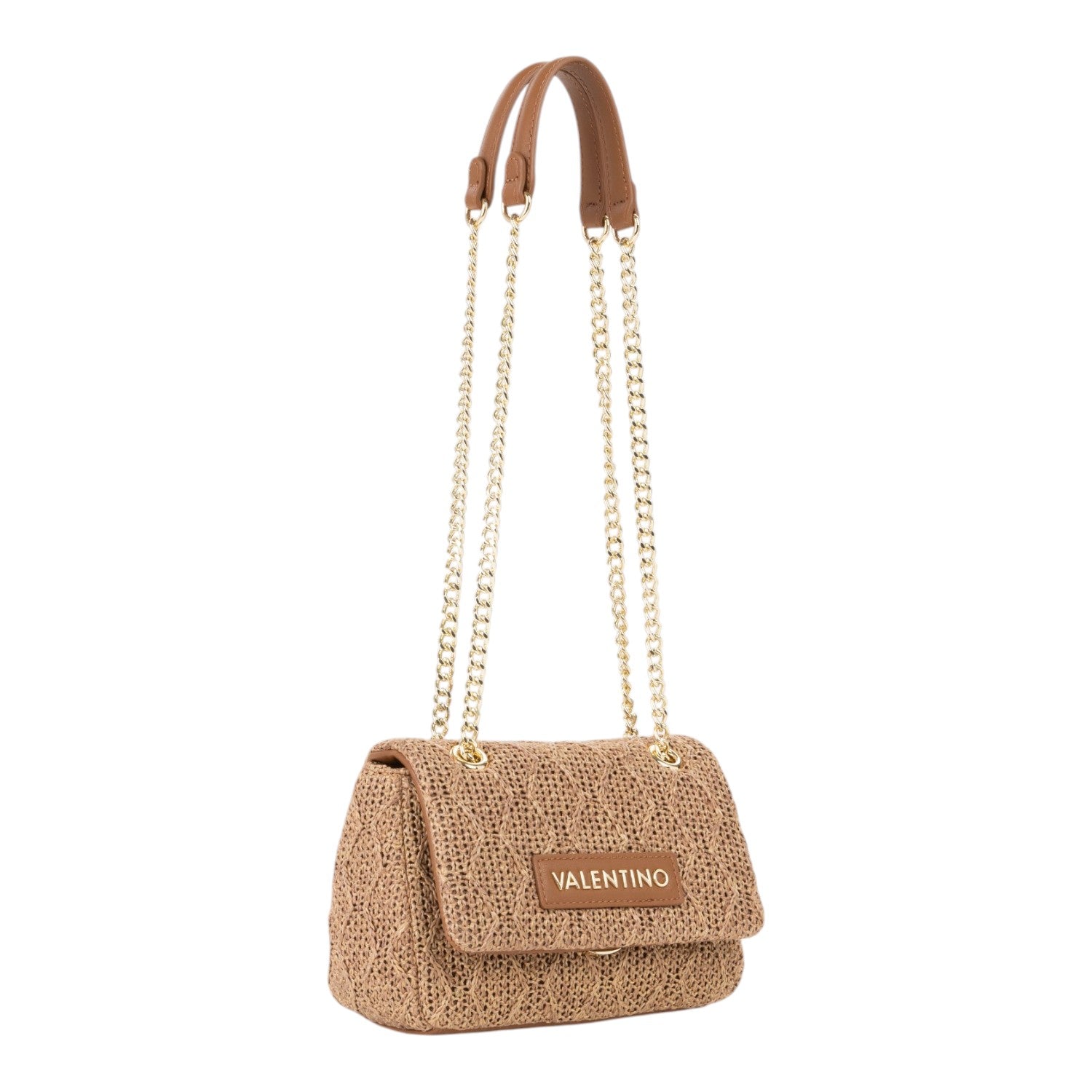 Lieblingstasche Ocarina flap bag in woven straw with brown leather trim and gold chain strap.