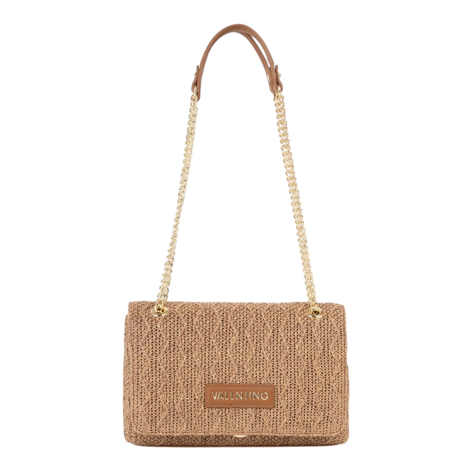 Lieblingstasche Flap Bag Ocarina Summer in woven straw with gold chain strap and leather trim.