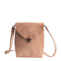 Lieblingstasche tan leather fold over flap crossbody bag with turn lock closure.