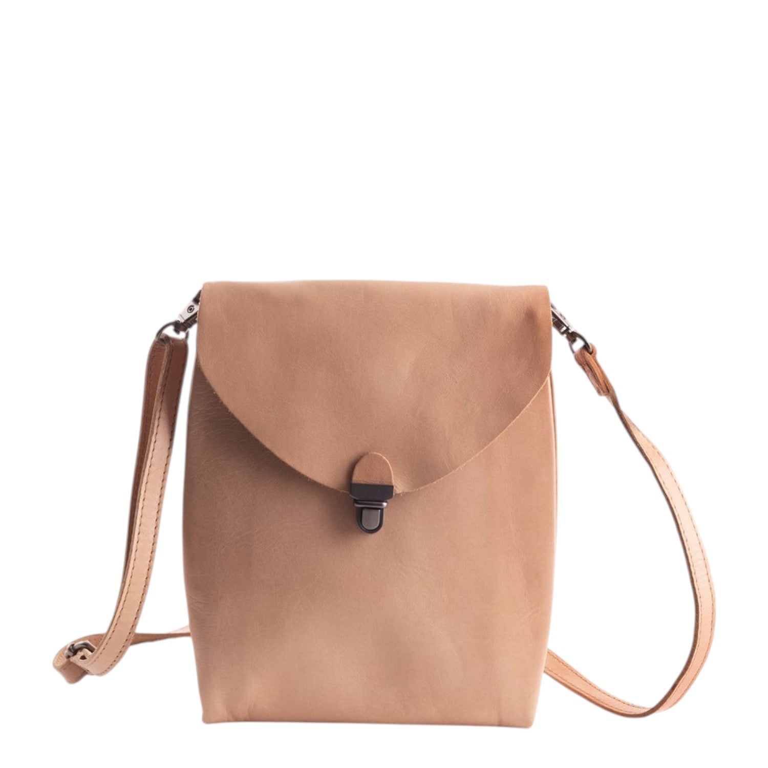 Lieblingstasche tan leather fold over flap crossbody bag with turn lock closure.