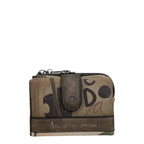 Lieblingstasche wallet in taupe and brown with artistic black typography and a secure snap button closure