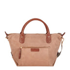 Lieblingstasche Sofia M taupe suede handbag with brown leather trim and snake print accents.