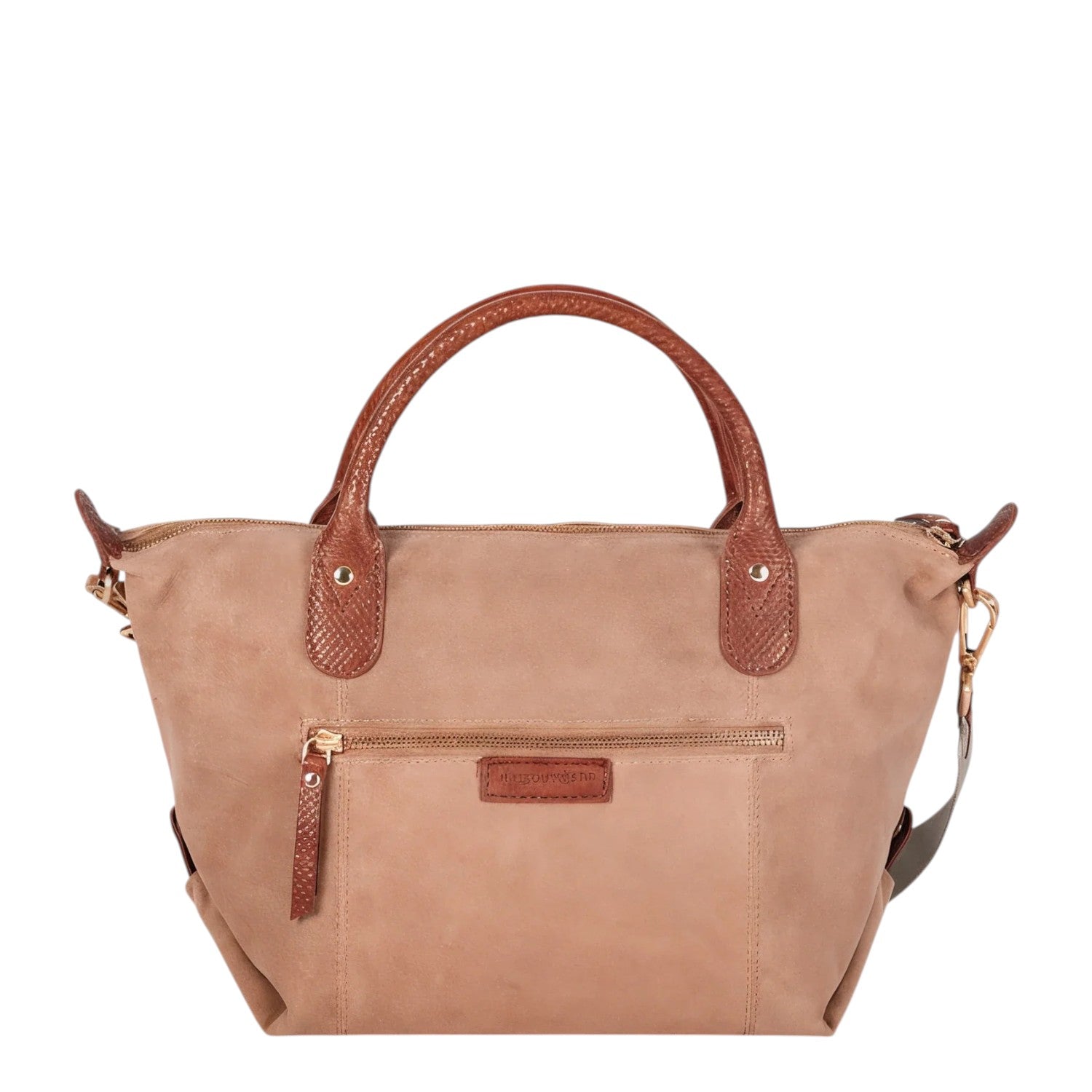 Lieblingstasche Sofia M taupe suede handbag with brown leather trim and snake print accents.