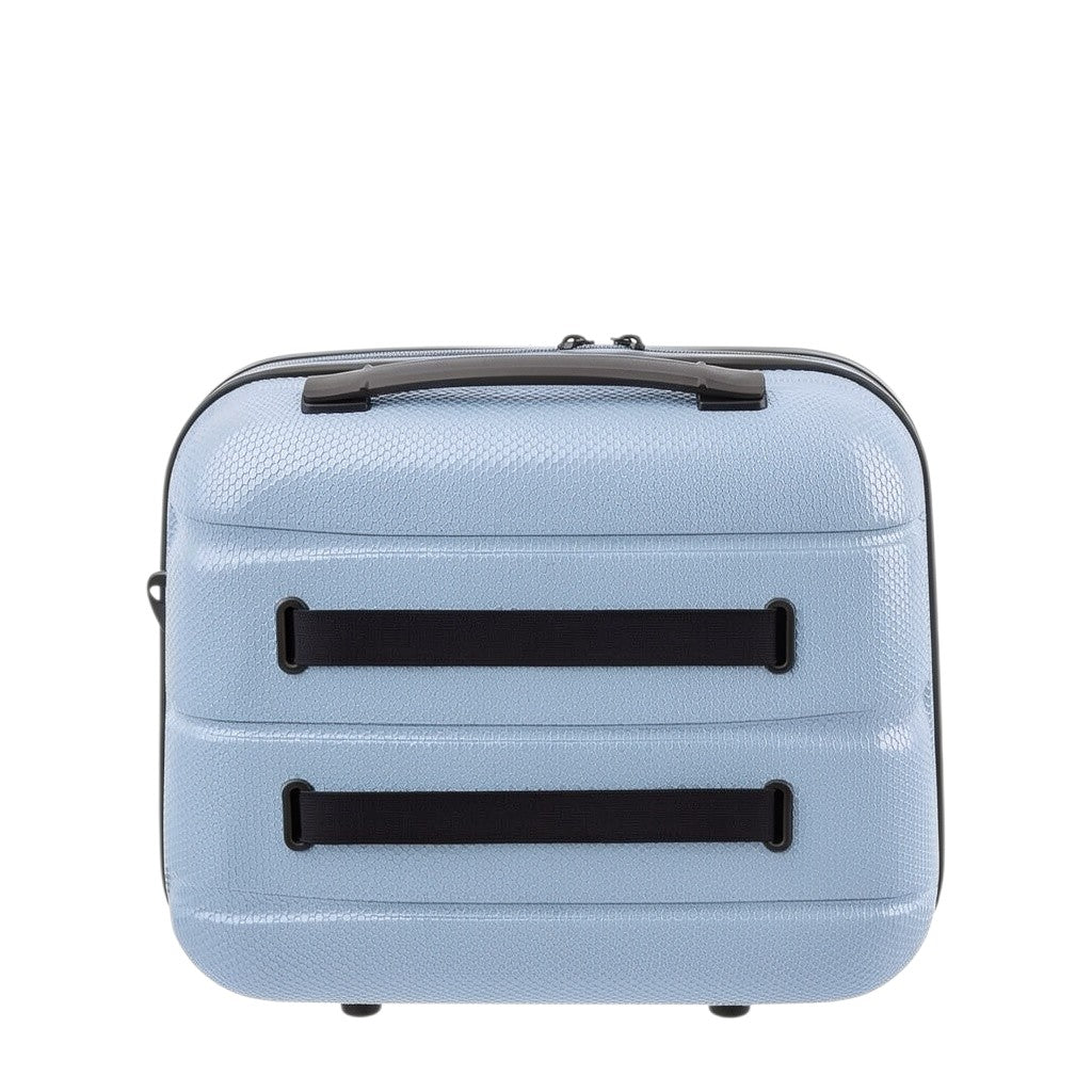 Lieblingstasche Stratosphere teal hard-shell beautycase with textured finish and black elastic straps.