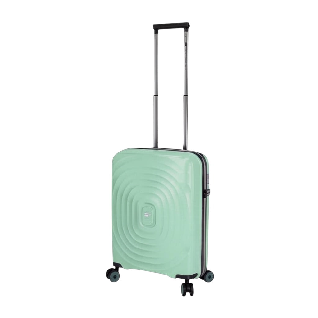 Lieblingstasche Mogens 4W Cabin Trolley S, a teal hard-shell suitcase with a textured concentric circle design, TSA lock, and four spinner wheels.