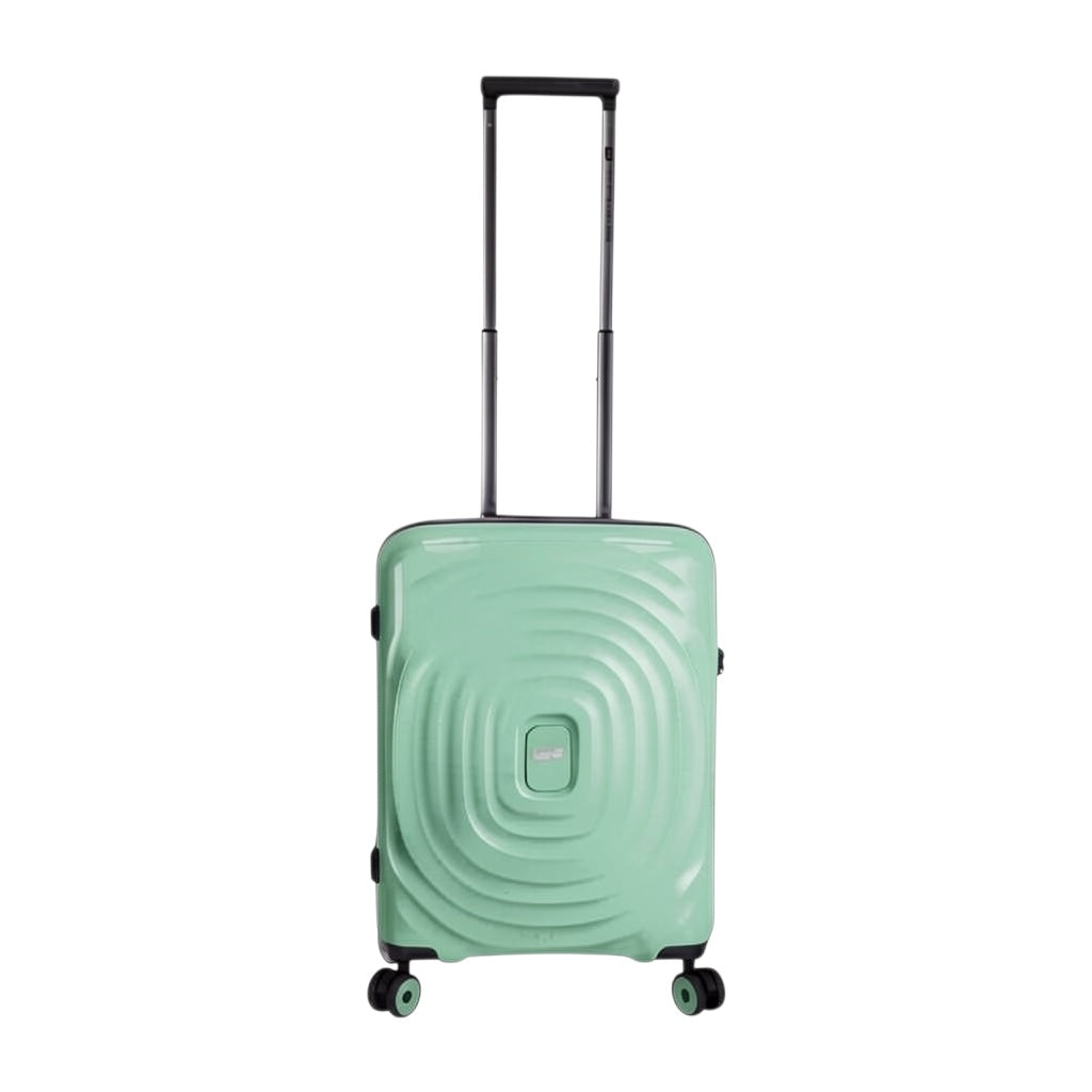 Lieblingstasche Mogens 4W Cabin Trolley S, a teal hard-shell suitcase with a textured swirl pattern and TSA-approved lock. Features include four spinner wheels, adjustable telescopic handle, and top/side carry grips.