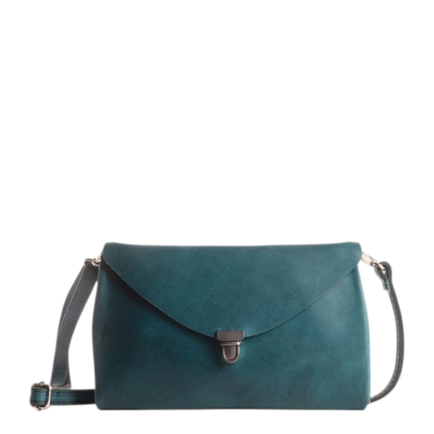 Lieblingstasche teal leather fold handbag clutch with silver clasp and adjustable strap.