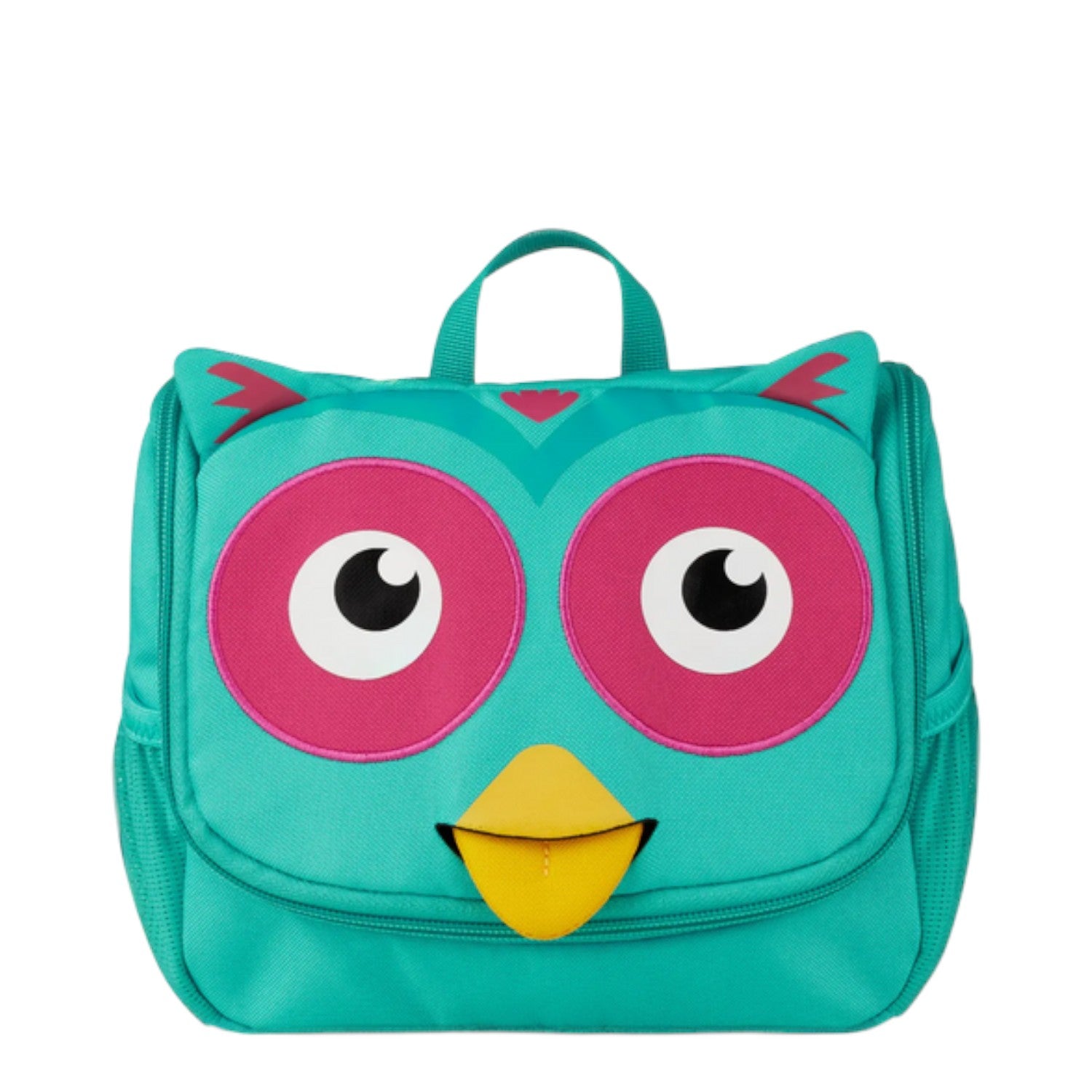 Lieblingstasche teal owl toiletry bag for kids with pink eyes and yellow beak