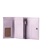 Lieblingstasche Thyme wallet in light purple leather, shown open with multiple card slots and a zippered pocket.