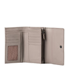 Lieblingstasche Thyme wallet in taupe leather, shown open to reveal multiple card slots and a clear ID window.