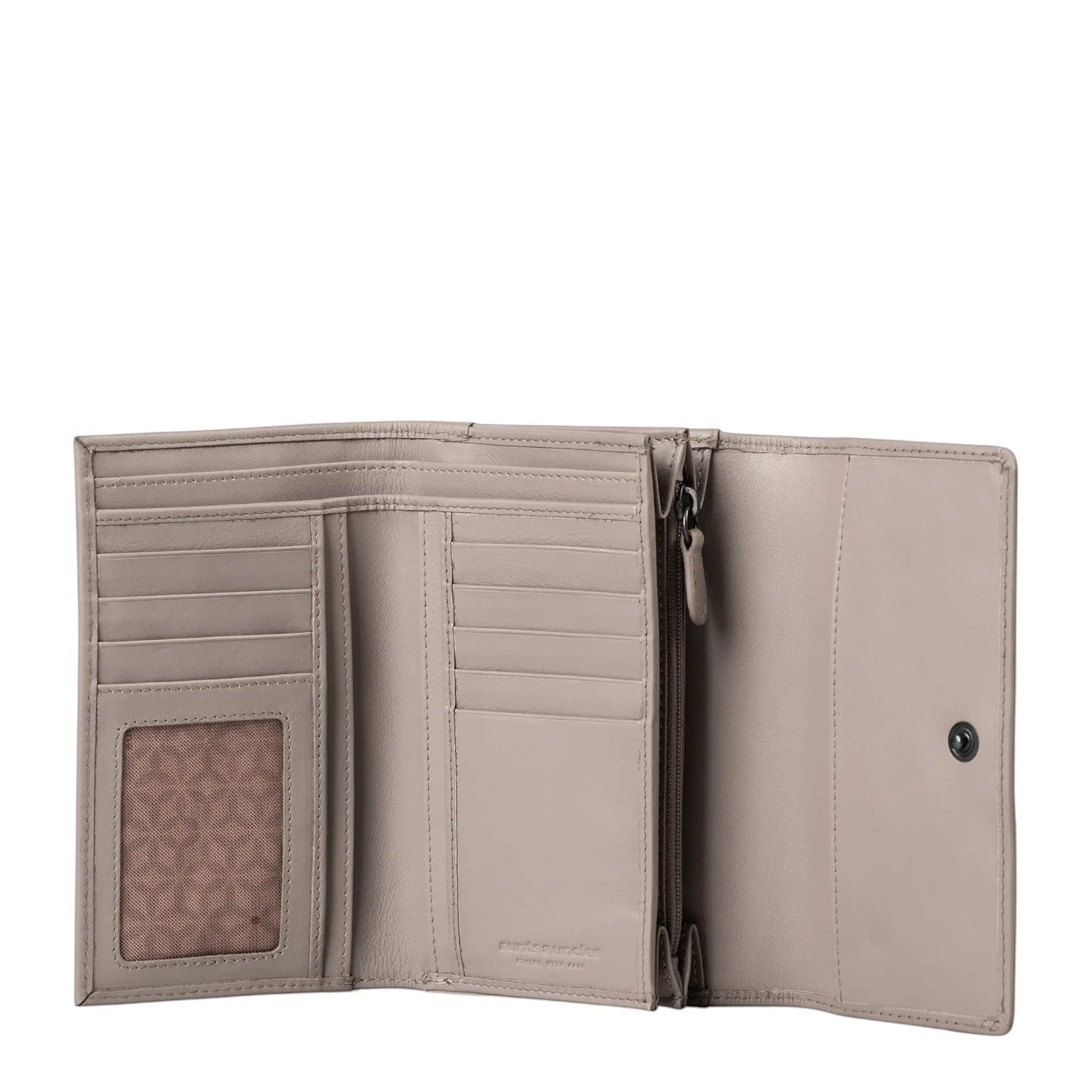 Lieblingstasche Thyme wallet in taupe leather, shown open to reveal multiple card slots and a clear ID window.
