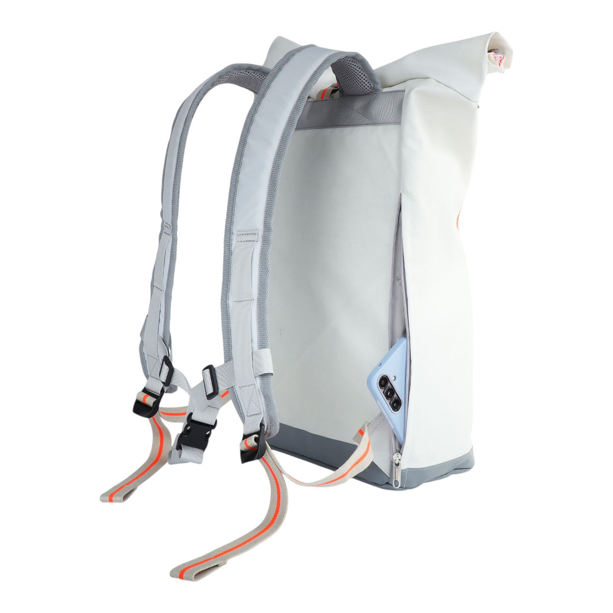Lieblingstasche Tide roll-top backpack in white and grey with padded straps and a side pocket holding a smartphone