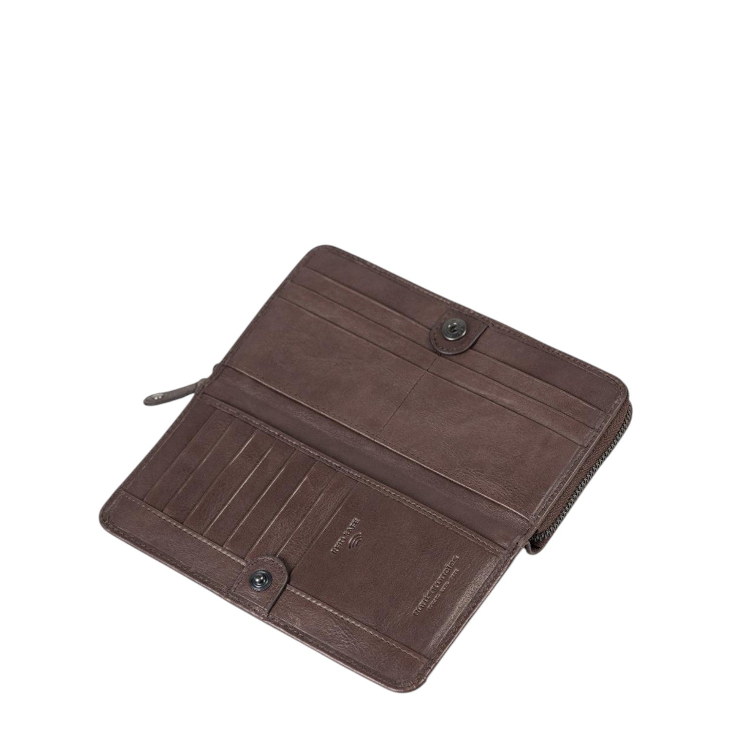 Lieblingstasche Tilda brown leather wallet opened to show card slots and snap button closure