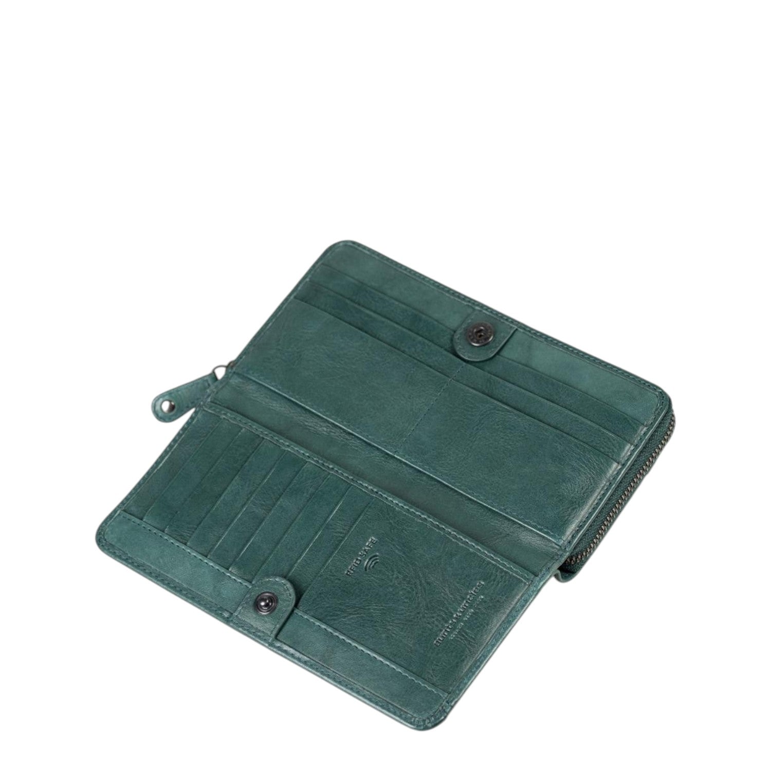Lieblingstasche Tilda wallet in dark green leather, open view showing card slots and RFID protection.