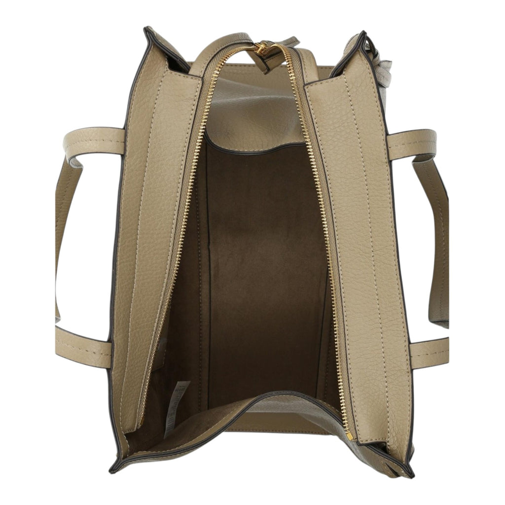 Lieblingstasche Tote L in beige leather with a top zip closure and two carry handles, top-down view