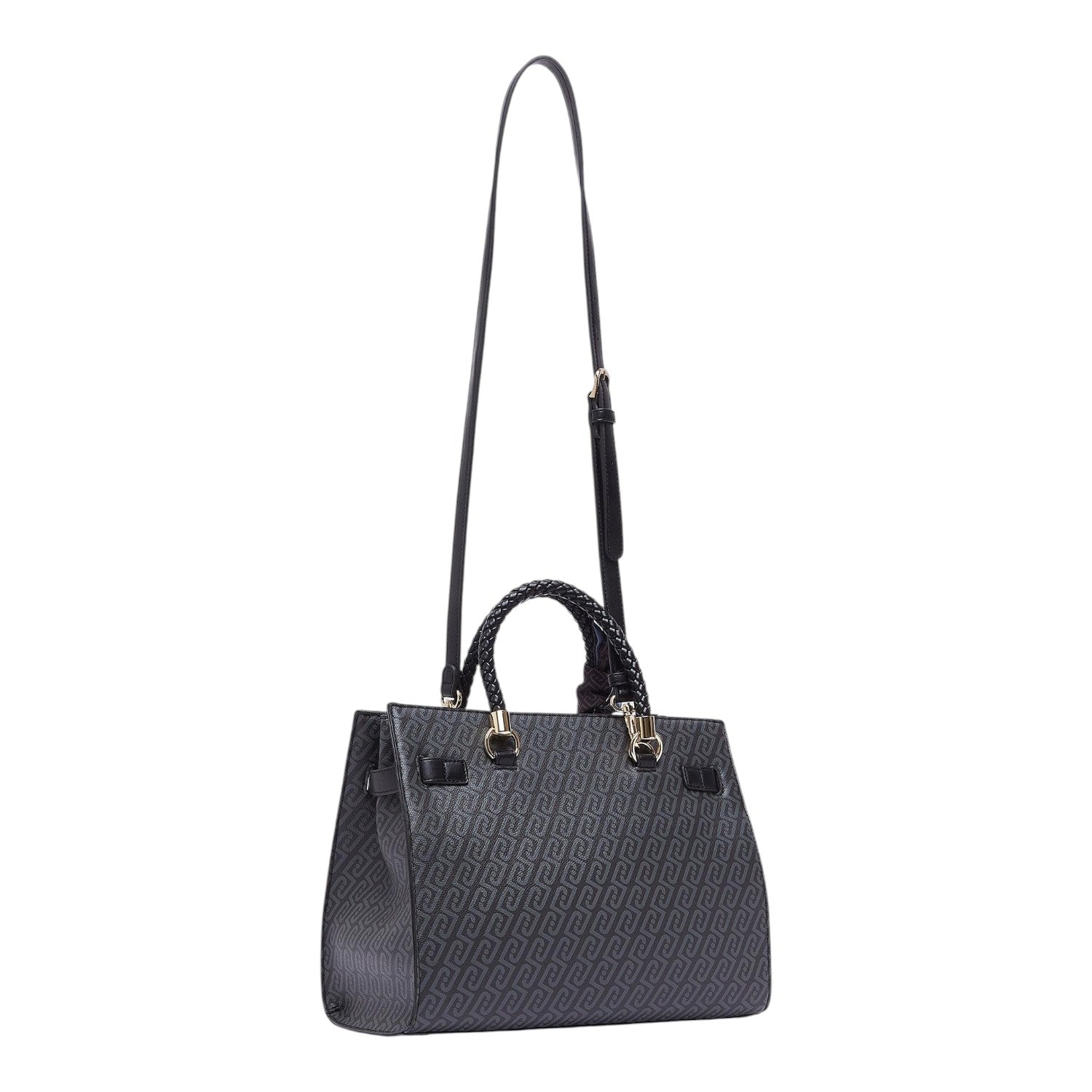 Lieblingstasche Tote M in black with a repeating logo pattern, braided top handles, and an adjustable shoulder strap.